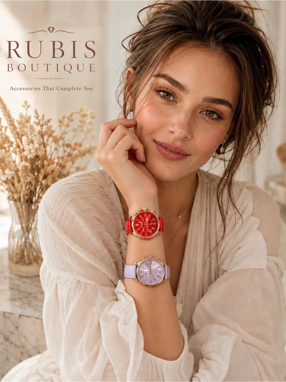 Women's Red Leather Strap Watch with Gold Case